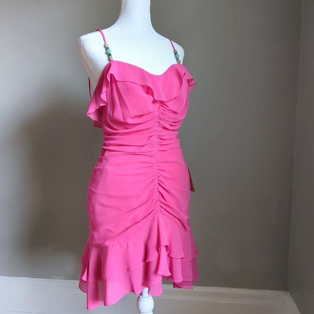 NWT ABS Allen Schwartz Dress Pink Ruffle Turquoise Fairycore Formal Size 8